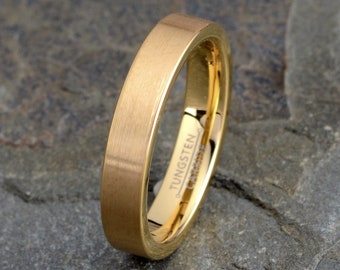 Tungsten Ring, Yellow Gold Mens Wedding Band 4mm