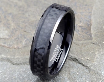 Black Carbon Fiber Ring, Mens Tungsten Ring, Tungsten Wedding Band 6mm
