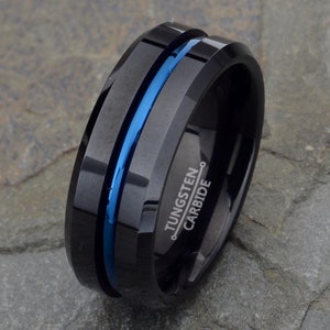 Black polished tungsten ring with blue line