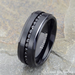 Mens Wedding Band, Titanium Wedding Ring, Men&#39;s Black Ring, Mens Eternity Band, CZ Mens Ring, Black CZ Ring, Mens Ring, Free Laser Engraving