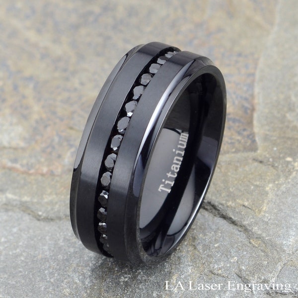 Mens Wedding Band, Titanium Wedding Ring, Men's Black Ring, Mens Eternity Band, CZ Mens Ring, Black CZ Ring, Mens Ring, Free Laser Engraving