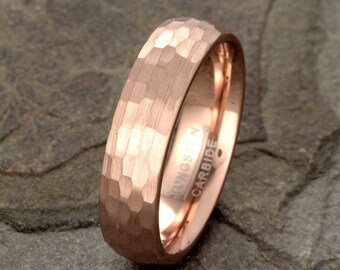 Rose Gold Tungsten Ring: Hammered Wedding Band, Custom Engraved