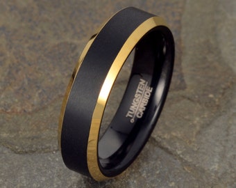 Yellow Gold Tungsten Ring | Men's Wedding Band | Black Ring |  Brushed Wedding Band | Two Tone Ring