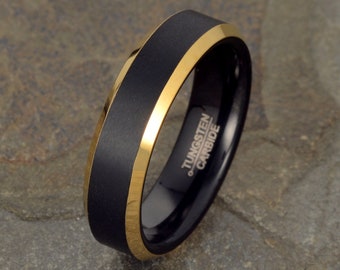 Yellow Gold Tungsten Ring: Black Brushed Two Tone Wedding Band