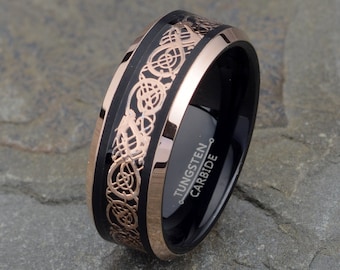 Rose Gold Celtic Dragon Tungsten Ring, Mens Tungsten Wedding Band, Black Tungsten Ring, Two Tone Ring 8mm