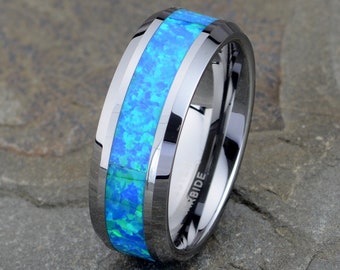 Blue Opal Tungsten Wedding Ring, Men's Tungsten Wedding Band, Tungsten Ring, Gray Ring for Men 8mm