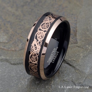 Rose Gold Celtic Dragon Tungsten Ring - Black Two Tone Wedding Band 8mm