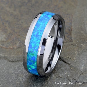 Blue Opal Tungsten Wedding Ring, Men's Tungsten Wedding Band, Tungsten Ring, Gray Ring for Men 8mm