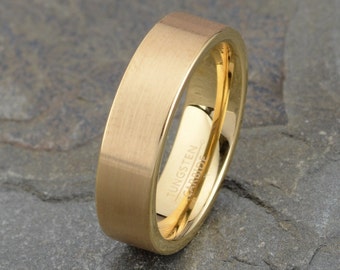 Yellow Gold Tungsten Ring, Mens Wedding Band 6mm