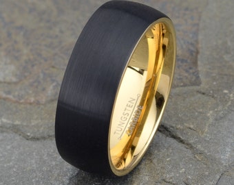 Tungsten Ring, Men's Tungsten Wedding Band, Black Brushed Yellow Gold Wedding Ring 8mm