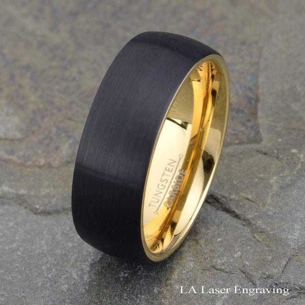 Tungsten Ring, Men's Tungsten Wedding Band, Black Brushed Yellow Gold Wedding Ring 8mm