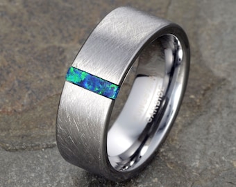 Green Opal Tungsten Wedding Ring: Brushed Two Tone Mens Band