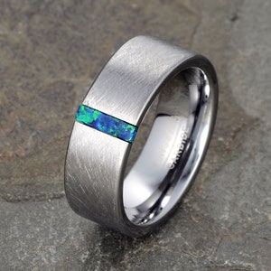 Green Opal Tungsten Wedding Ring, Mens Wedding Band, Two Tone Wedding Ring, Anniversary Ring