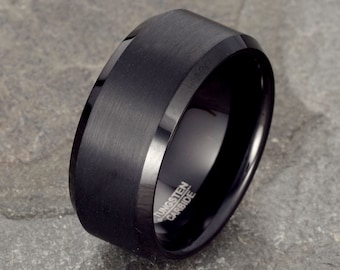 Brushed Black Tungsten Ring, 10mm Mens Wedding Band