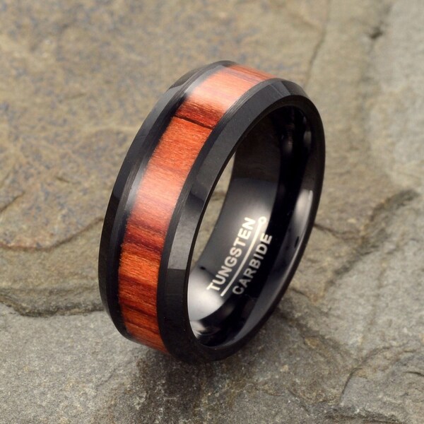 Black Tungsten Ring Mens Wedding Band: Beveled Edge Wood Inlay Ring 8mm