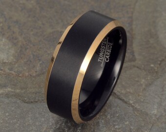 Yellow Gold Tungsten Wedding Ring Brushed Polished Beveled Edges Mens Tungsten Ring Black Carbon Fiber inside the ring Tungsten Carbon Ring