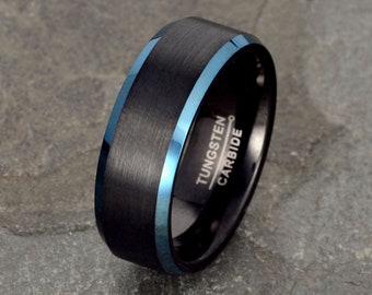 Black Tungsten Ring | Two Tone Wedding Band | 8mm with Polished Beveled Edges | Unisex Design | Blue Ring