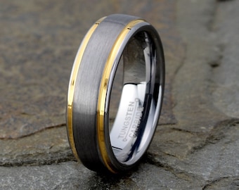 Brushed Tungsten Wedding Band with Yellow Gold Stepped Edge (6mm/8mm)