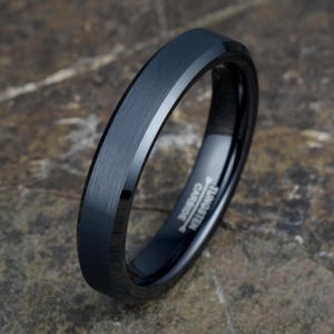 Mens Black Tungsten Wedding Band 4mm, Thin Wedding Ring for Men, Custom Engraved Ring, Minimalist Black Band