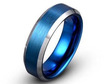 Blue Tungsten Ring, Mens Wedding Band Brushed, 8mm