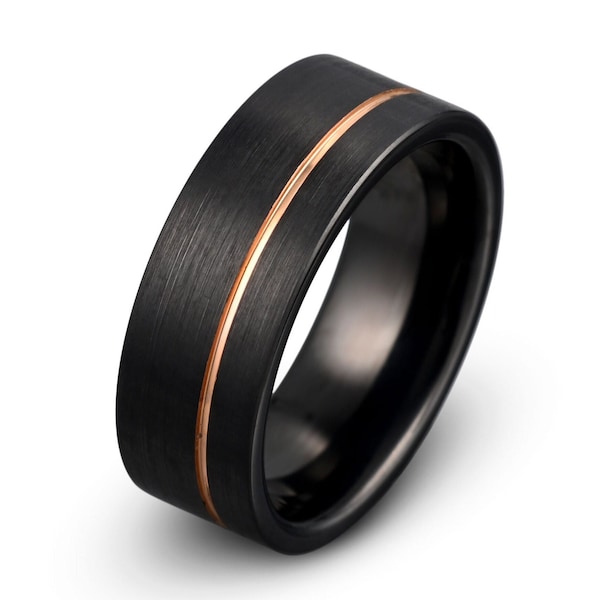 Black Tungsten Ring: Rose Gold Grooved Wedding Band