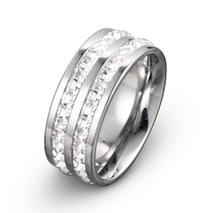 Titanium Wedding Band Eternity Ring  Mens Women&#39;s Titanium Silver Ring 8mm Wedding Band Princess Cut CZ Eternity Wedding Band Personalized