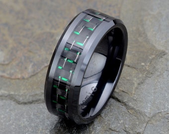 Green Carbon Fiber Ring, Tungsten Wedding Band, Custom Engraved Mens Ring Carbon Fiber Inlay