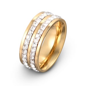Yellow Gold Titanium Eternity Ring: Princess Cut CZ Wedding Band