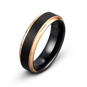 Rose Gold & Black Tungsten Ring: Brushed Wedding Band, 6mm