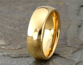 Tungsten ring, mens wedding band, polished domed yellow gold ring, simple ring