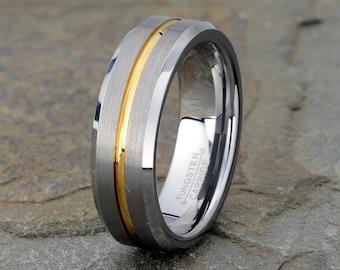 Tungsten Wedding Band: Yellow Gold Inlay, Personalized Ring