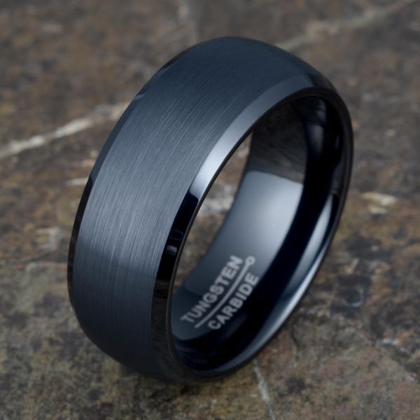Tungsten Ring Mens Wedding Band Black Brushed Finish Polished Edge Personalized Gift 8mm