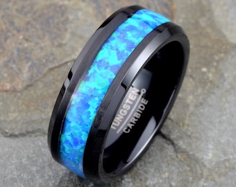Blue Opal Wedding Band, Black Tungsten Ring for Men, Blue Opal Inlay Ring, Personalized Wedding Band with Engraving
