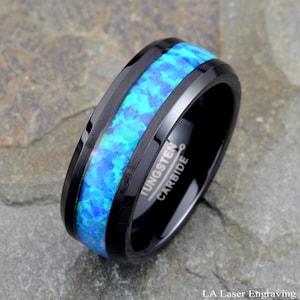 Blue Opal Tungsten Ring, Mens Wedding Band, Black Tungsten Ring, Mens Wedding Ring, Tungsten Wedding Band, Mens Tungsten Ring