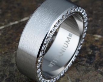 Men's Titanium Wedding Band with Brushed Center & Pave CZ Diamond Side Set - 8mm Wide