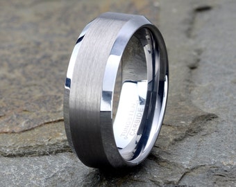 Tungsten Ring | Men's Wedding Band | Gunmetal Ring | Brushed Finish Men's Ring | Polished Beveled Edge | 8mm width | Custom Engraved Ring
