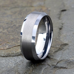 Tungsten Ring | Men&#39;s Wedding Band | Gunmetal Ring | Brushed Finish Men&#39;s Ring | Polished Beveled Edge | 8mm width | Custom Engraved Ring