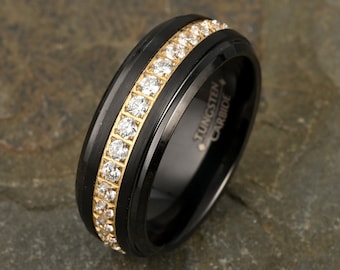 Black Tungsten Ring Mens Wedding Band: Yellow Gold, CZ Pave Eternity Ring