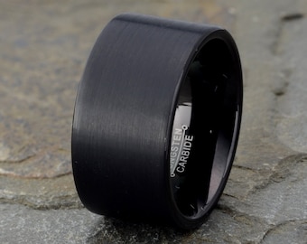 Black Tungsten Wedding Band: Brushed Anniversary Ring, Free Engraving (12mm)