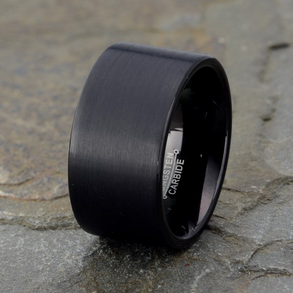 Black Tungsten Wedding Band,  Mens Tungsten Ring, Anniversary Brushed Ring, Free Laser Engraving, Mens Ring 12mm