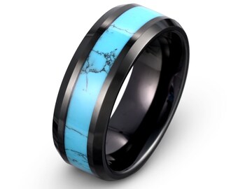 Blue Turquoise Ring, Mens Wedding Band, Black Tungsten Ring