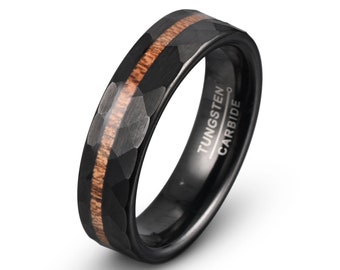 Tungsten Ring | Men's Wedding Band | Tungsten Ring Black | Wooden Ring | Hammered Brushed Ring | Unique Wedding Band | Free Custom Engraving