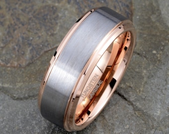 Rose Gold Tungsten Wedding Band: Two Tone Mens Ring, 8mm