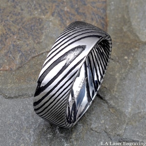 Damascus Ring, Mens Wedding Band, Two Tone Damascus Steel Ring 8mm