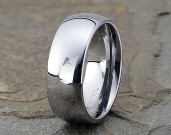 Gray Tungsten Wedding Band, Polished Domed Ring 8mm, Free Engraving, Mens Womens Comfort Fit