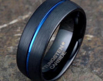 Black Tungsten Ring Blue Brushed Grooved Mens Wedding Band Custom Engraved 8mm