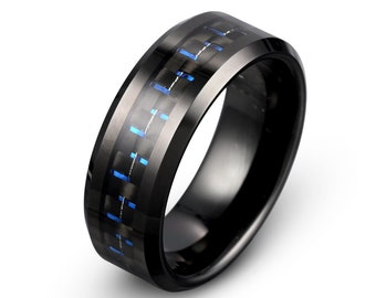 Blue Carbon Fiber Ring |  Mens Wedding Band | Black Tungsten Ring | Carbon Ring 8mm