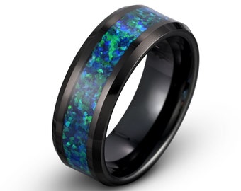 Mens Tungsten Ring, Opal Tungsten Wedding Band, Black Tungsten Ring, Green Blue Opal Ring 8mm