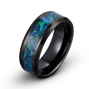 Black Tungsten Ring: Green Blue Opal Inlay, Mens Wedding Band 8mm