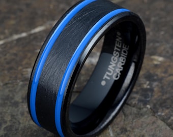 8mm Black Tungsten Carbide Ring with Dual Blue Channel Grooves - Matte Finish Men’s Band